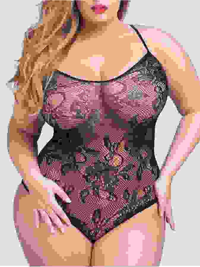 Lovehoney Plus Size Crotchless Lace Spaghetti Strap Teddy, Black, hi-res